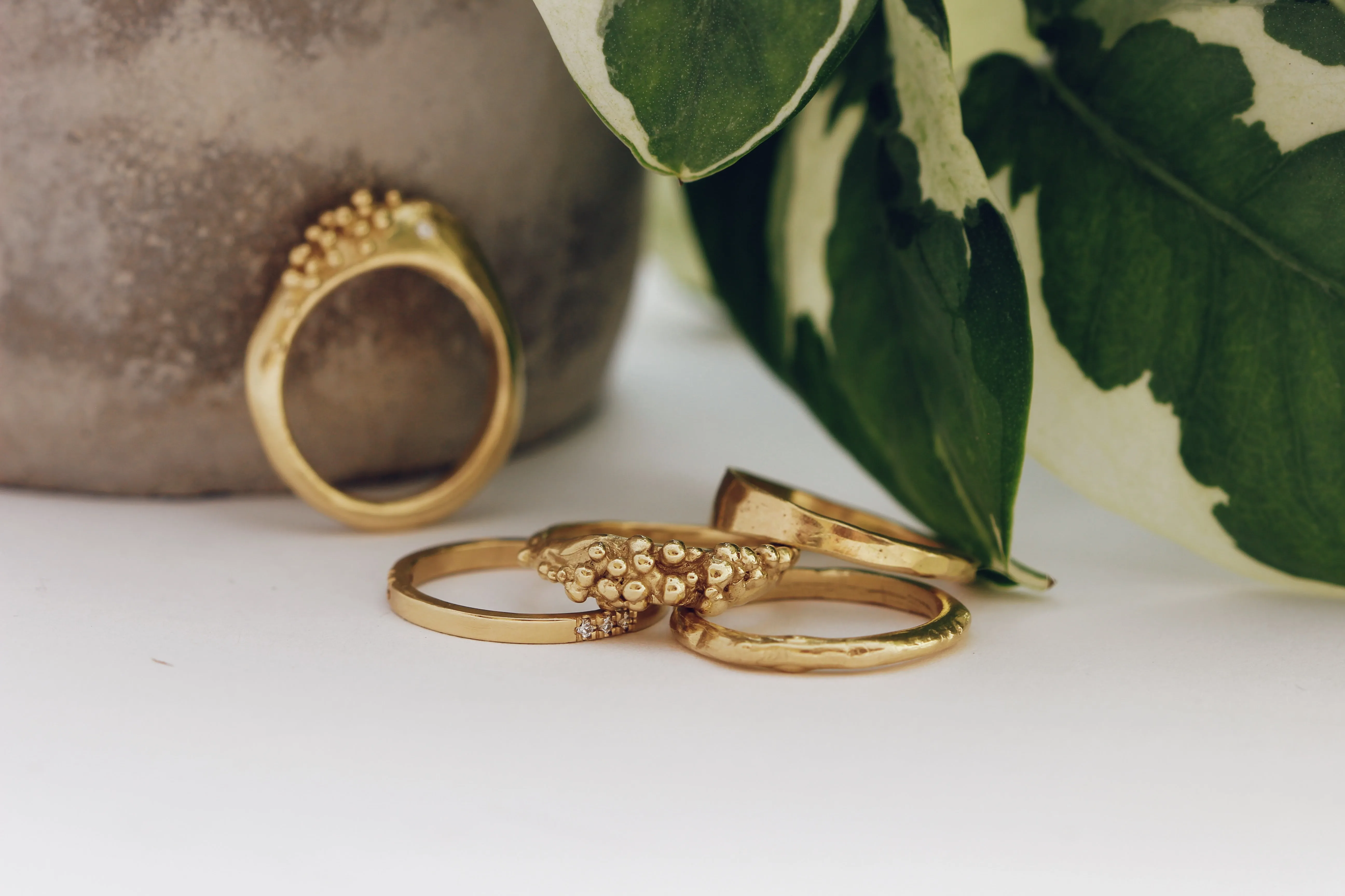 14k Yellow Gold Band with 9 White Diamonds – Stackable Ring