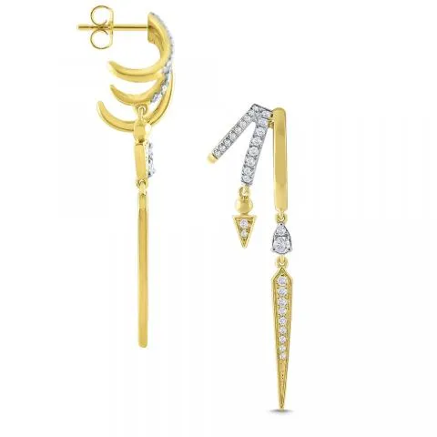 14k Yellow Gold Diamond Triple Hoop Long Dangle Earrings (I7910)