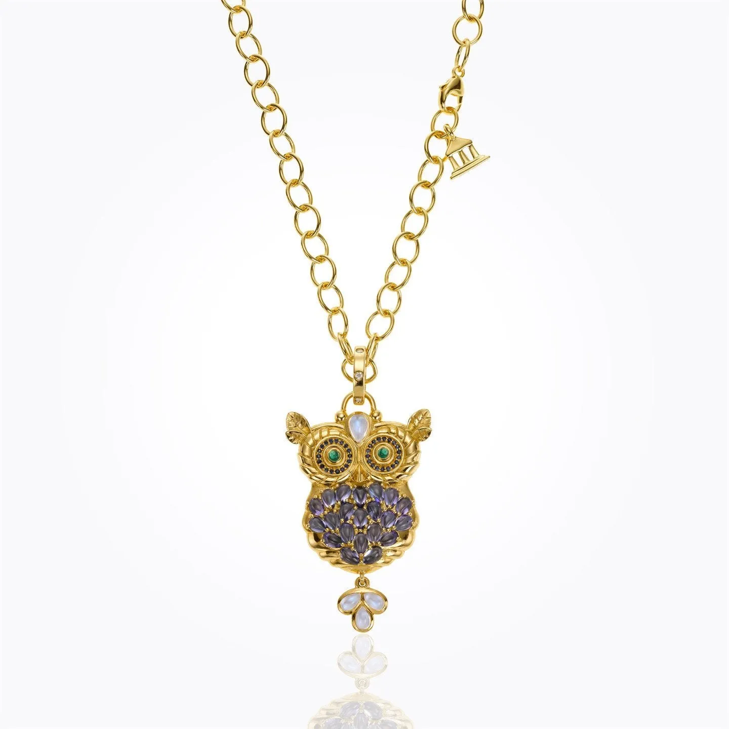 18K Great Horned Owl Pendant with Royal Blue Moonstone, tanzanite, emerald, blue sapphire and diamond