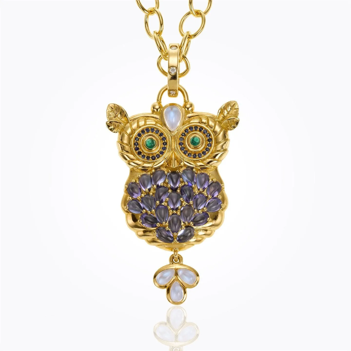 18K Great Horned Owl Pendant with Royal Blue Moonstone, tanzanite, emerald, blue sapphire and diamond