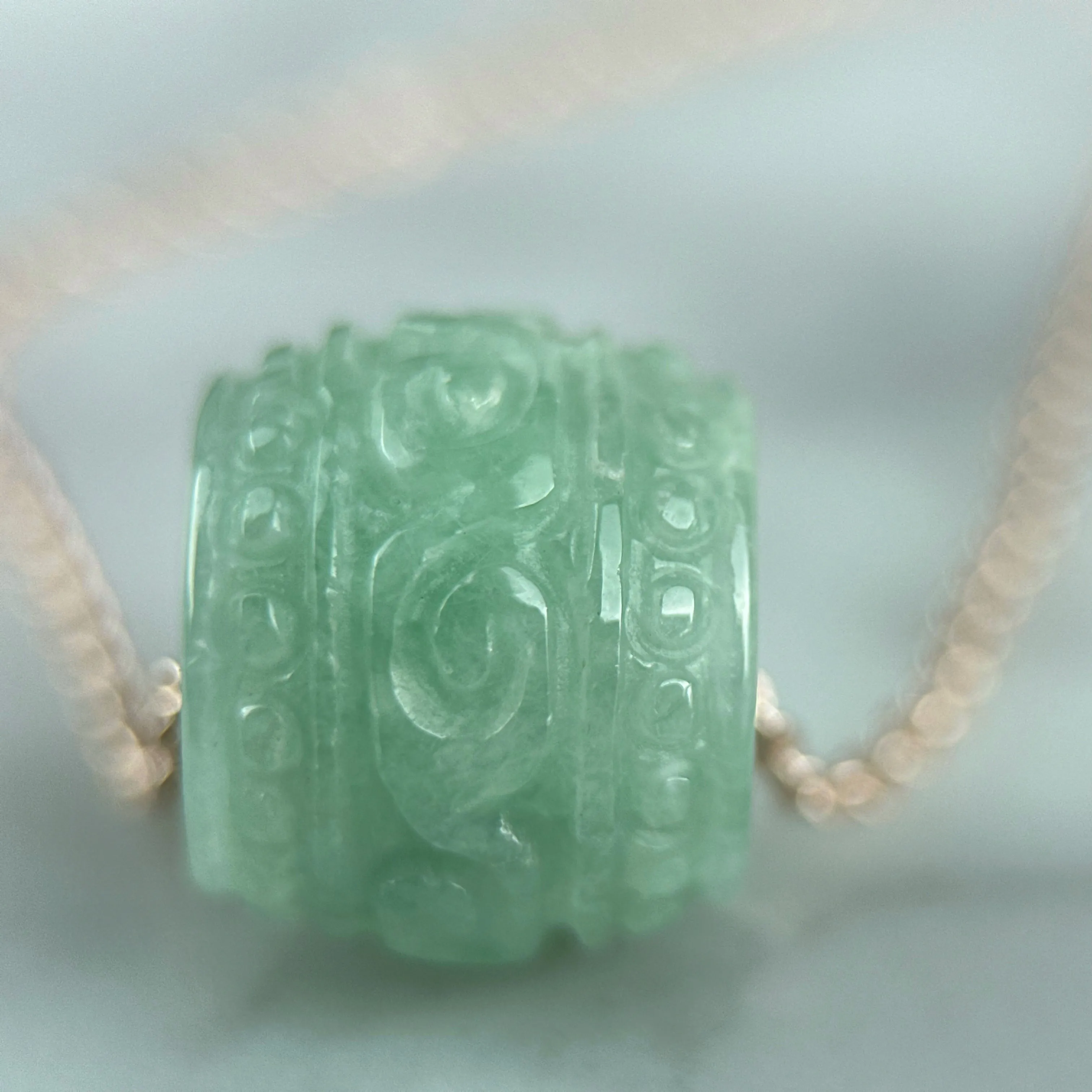 42789 Green Carved Jadeite Barrel Pendant Green Carved Jadeite Barrel Pendant with Rose Gold Plated Necklace