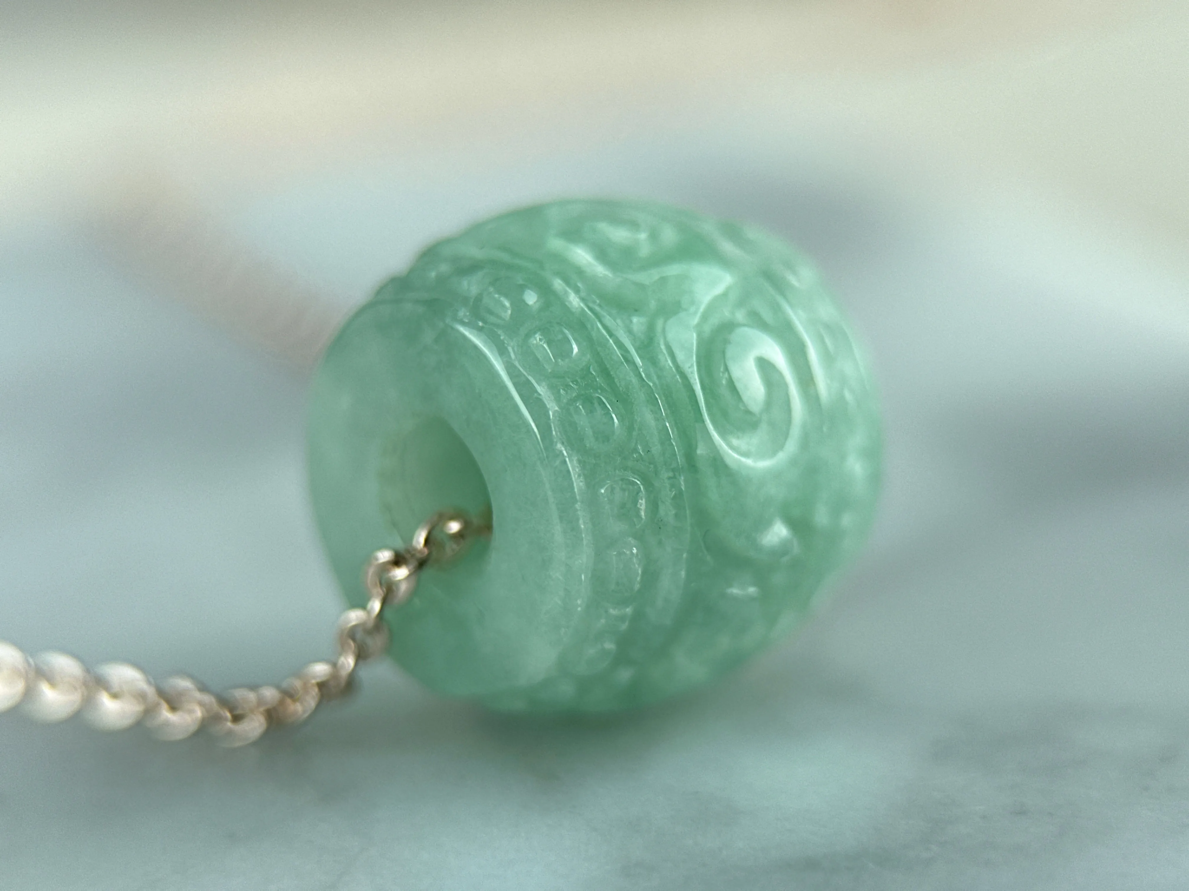 42789 Green Carved Jadeite Barrel Pendant Green Carved Jadeite Barrel Pendant with Rose Gold Plated Necklace