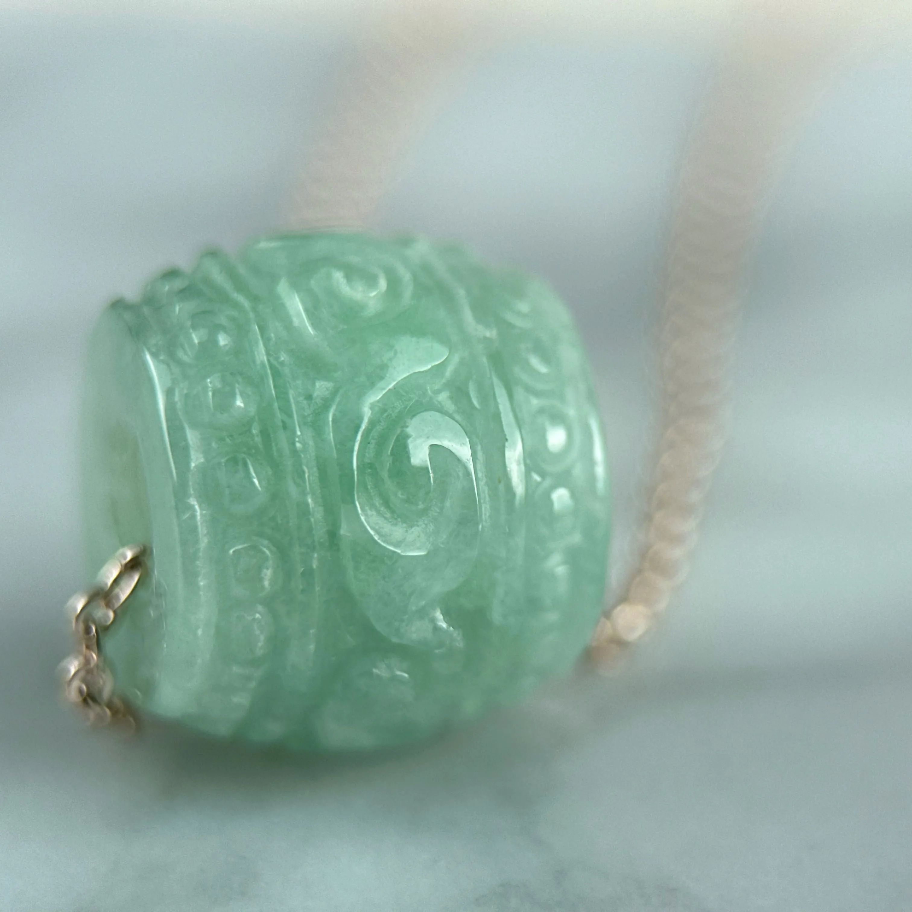 42789 Green Carved Jadeite Barrel Pendant Green Carved Jadeite Barrel Pendant with Rose Gold Plated Necklace