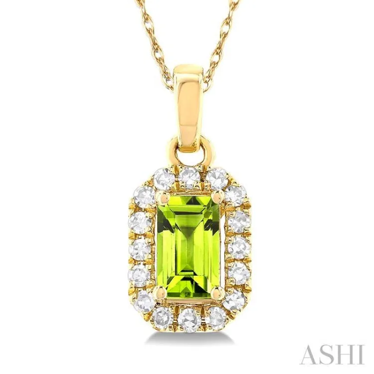 5x3 MM Octagonal Shape Peridot and 1/20 ctw Single Cut Diamond Halo Semi Precious Pendant with Chain in 14K Yellow Gold