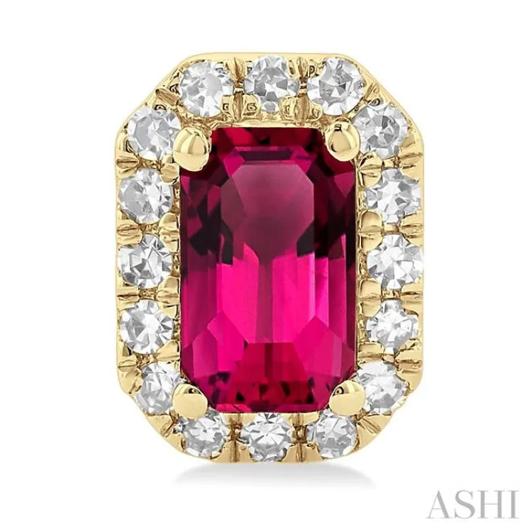 5x3 MM Octagonal Shape Pink Tourmaline and 1/8 ctw Single Cut Diamond Halo Semi Precious Stud Earrings in 10K Yellow Gold