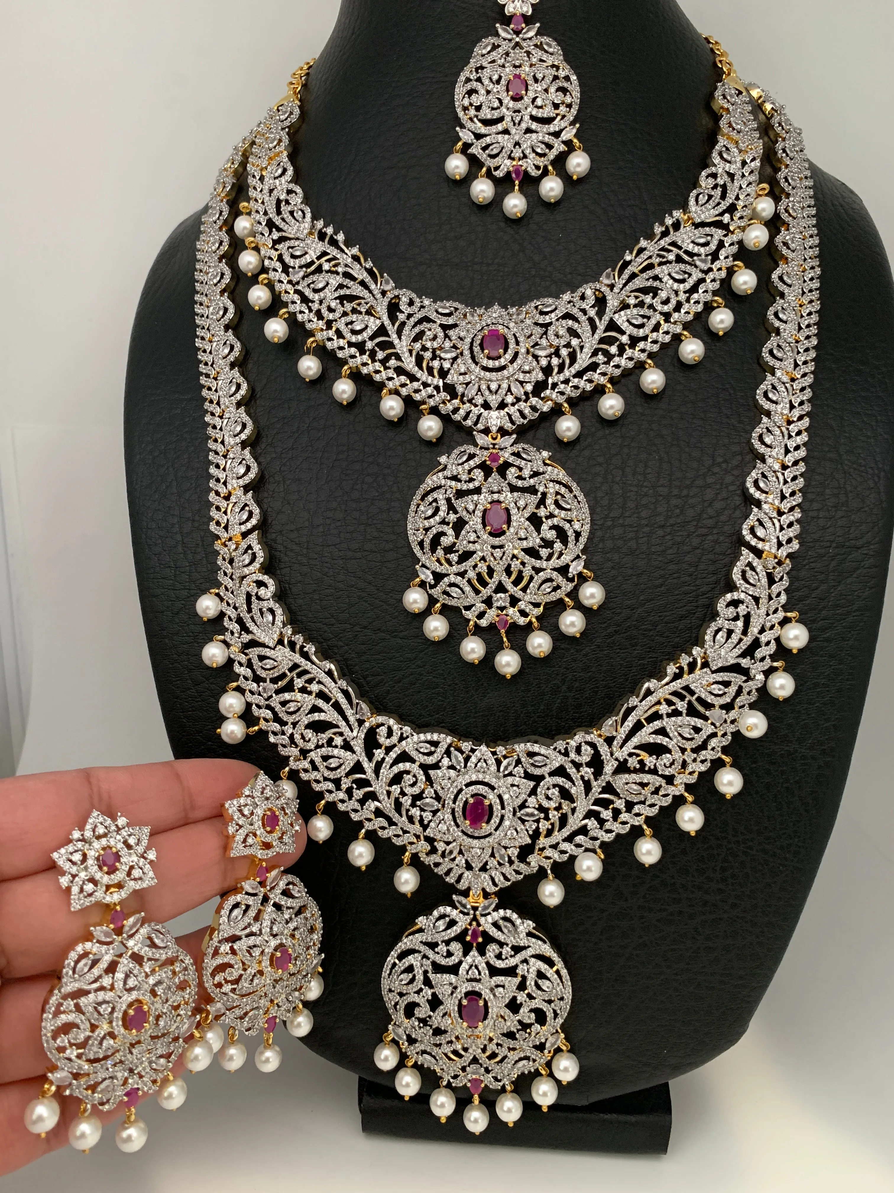 AD Ruby Red Stone Long Short Combo Necklace