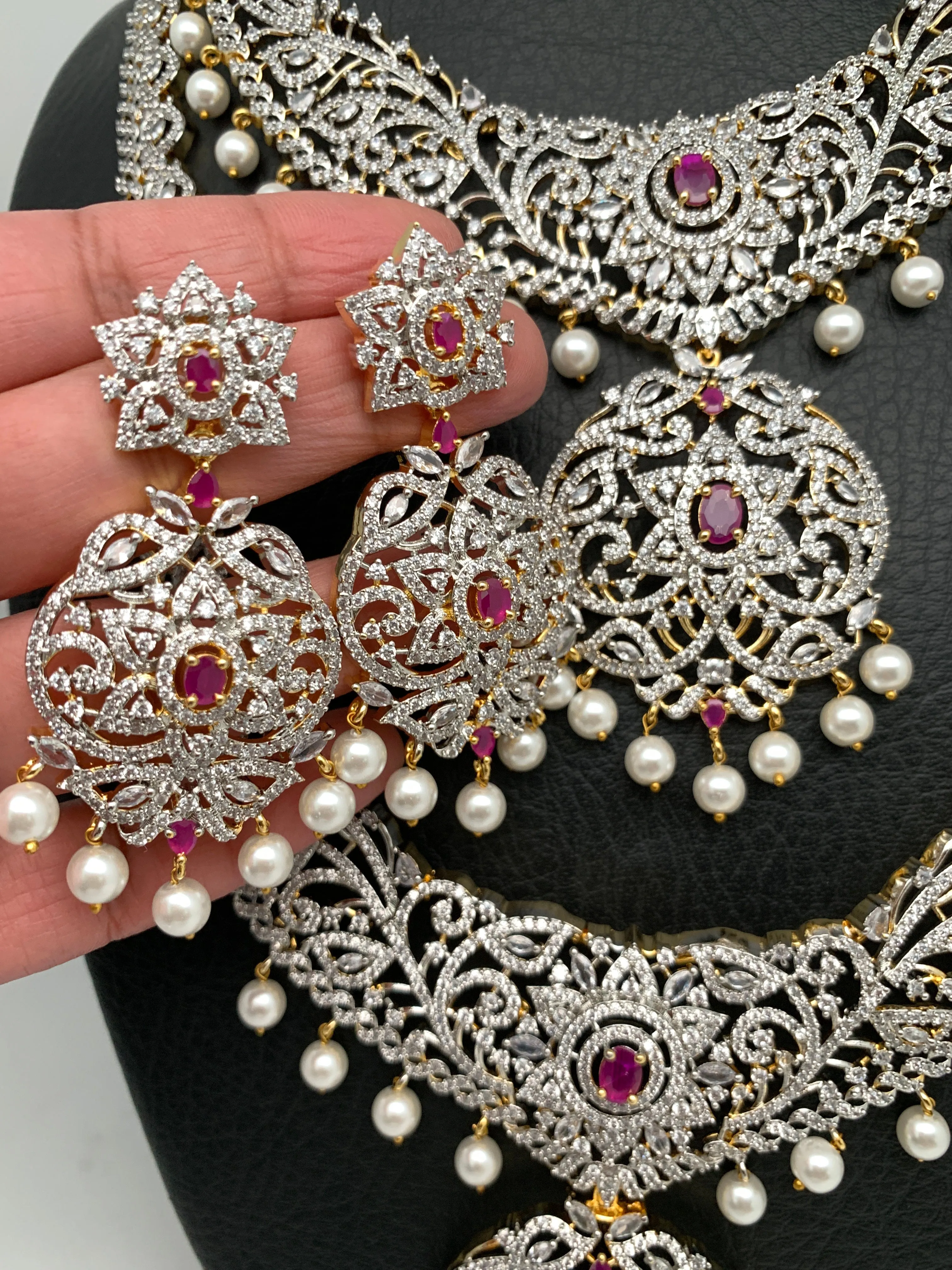 AD Ruby Red Stone Long Short Combo Necklace
