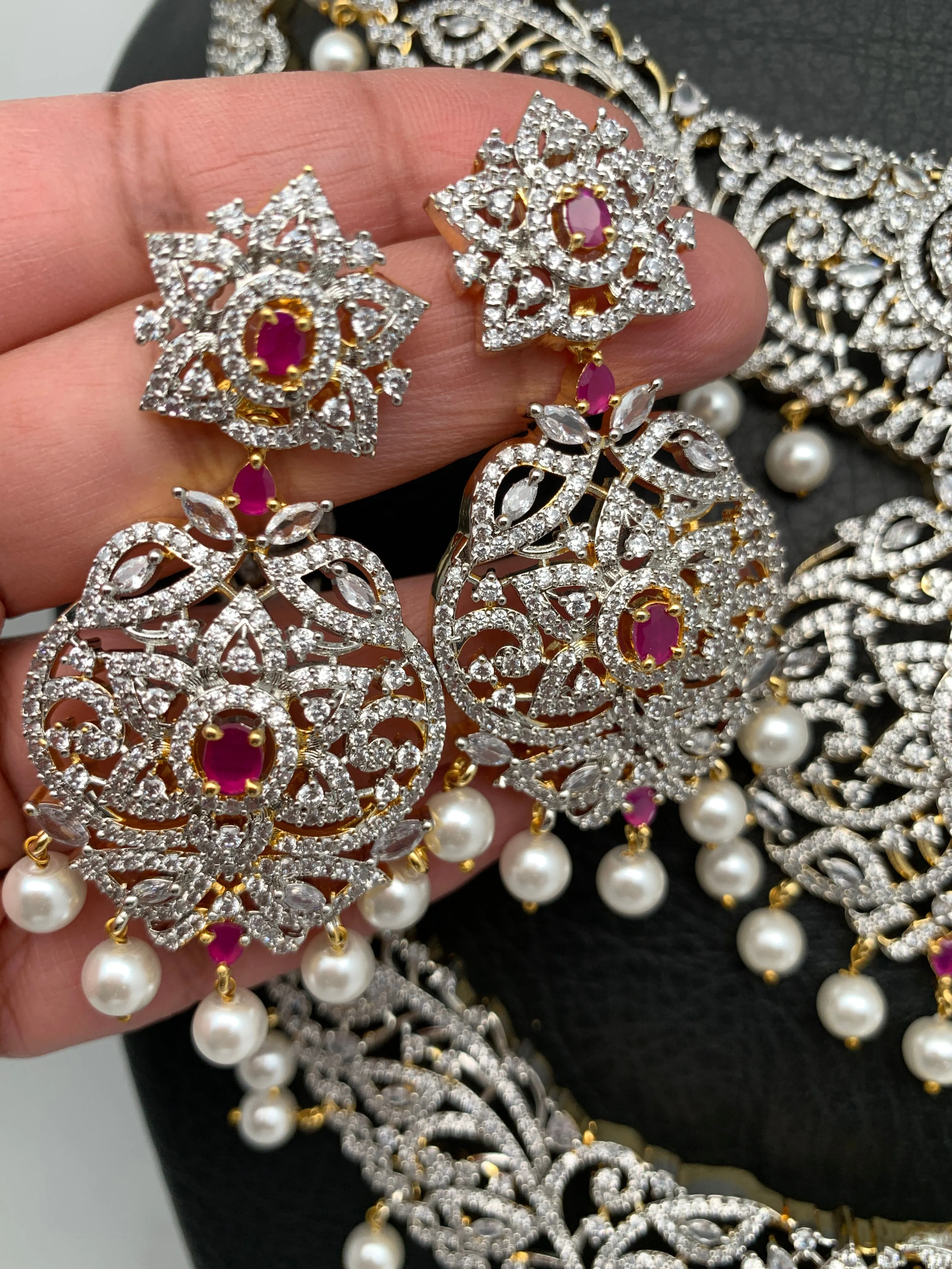 AD Ruby Red Stone Long Short Combo Necklace