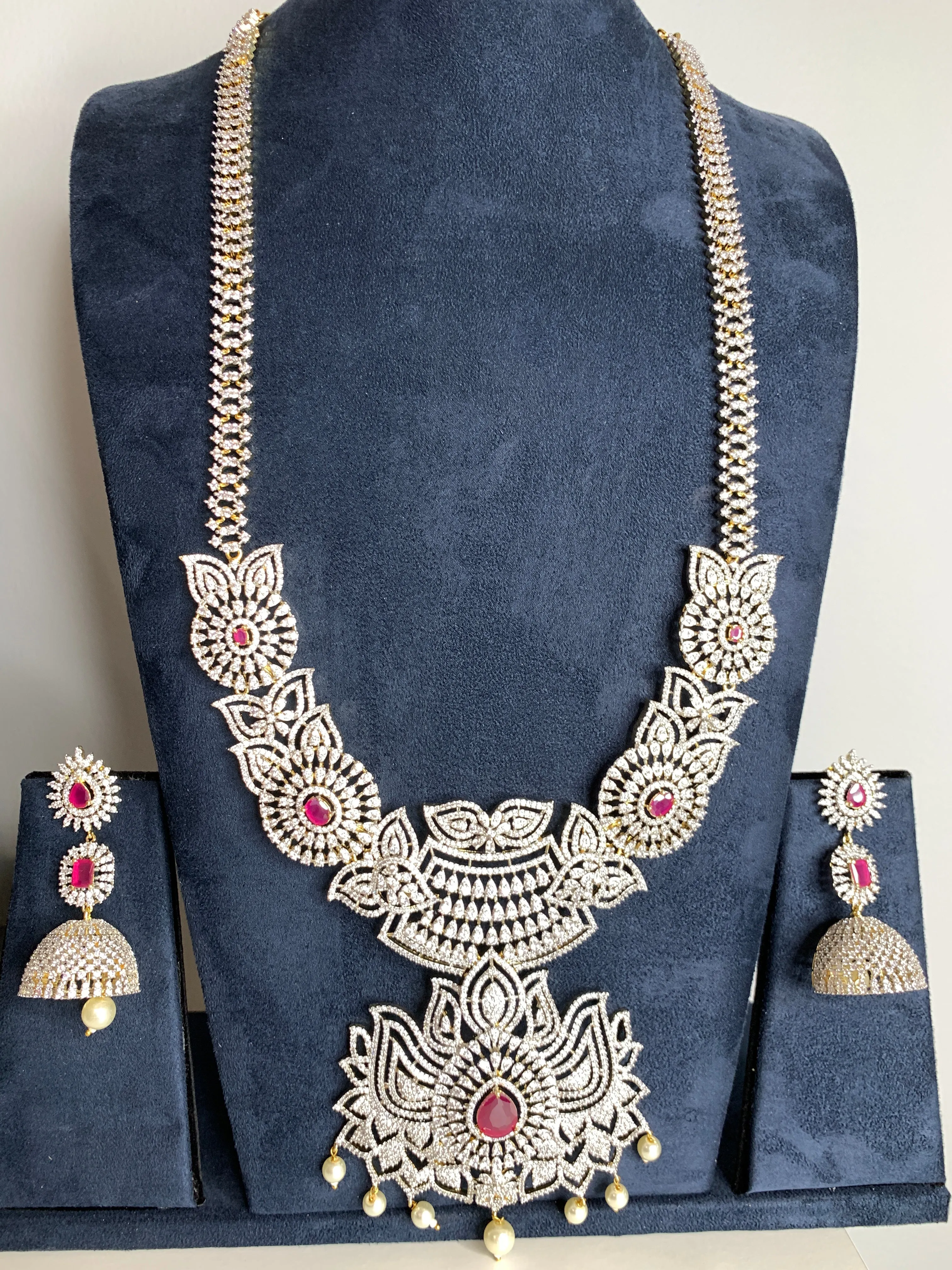 AD Ruby Red Stone Lotus Design Long Necklace