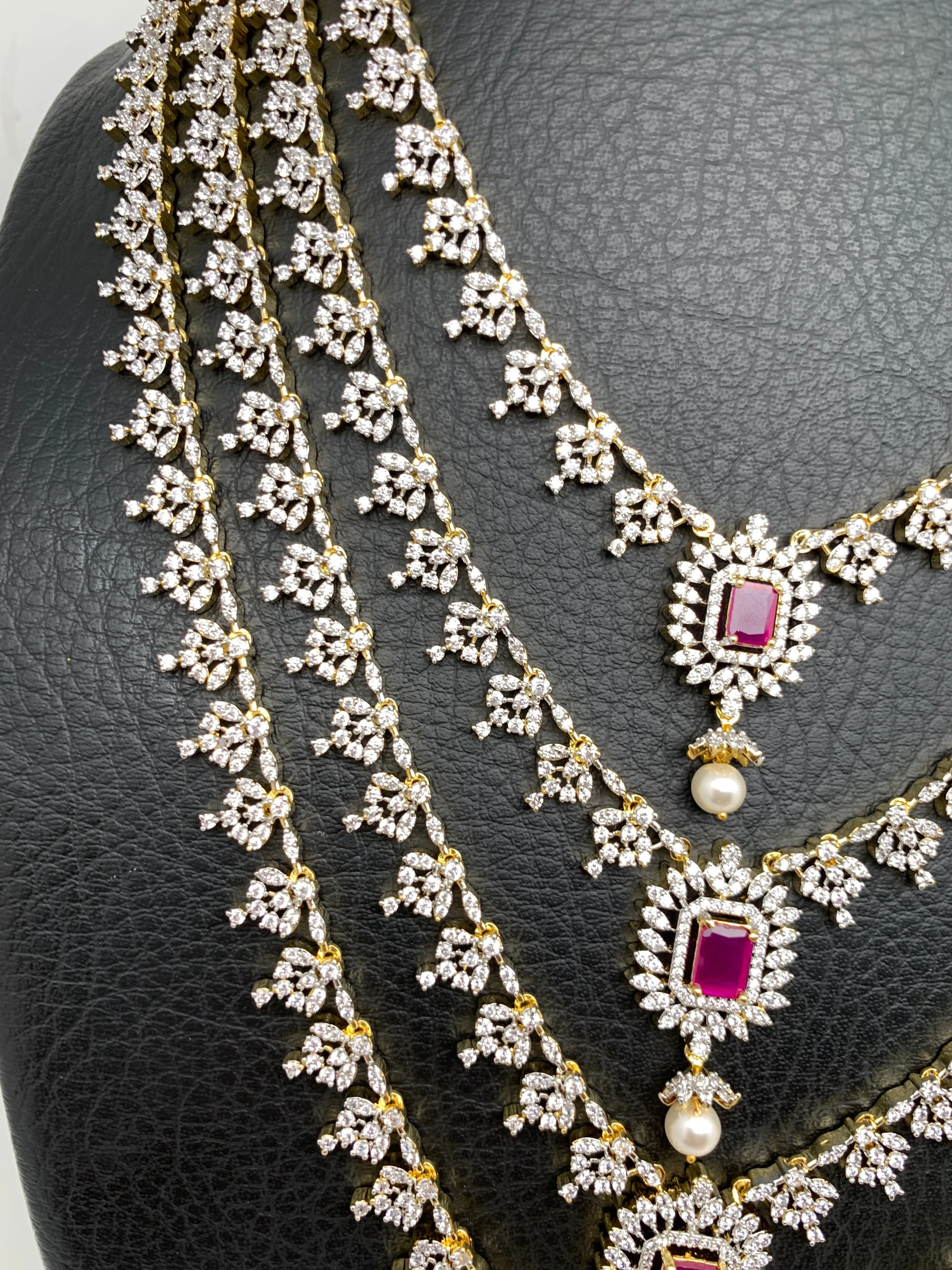 AD Ruby Red Stone Multi Layer Char Lada Long Necklace