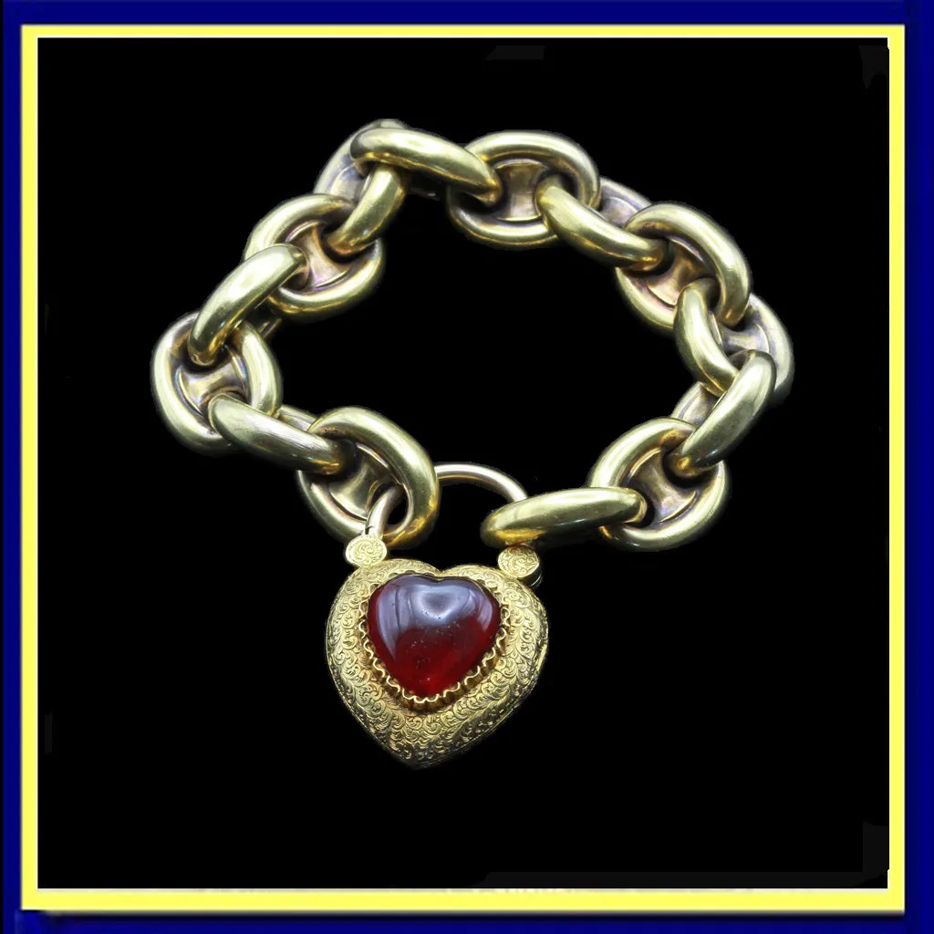 Antique Georgian gold chain bracelet w heart padlock locket huge garnet (7396)
