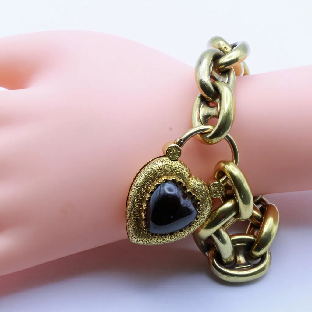 Antique Georgian gold chain bracelet w heart padlock locket huge garnet (7396)