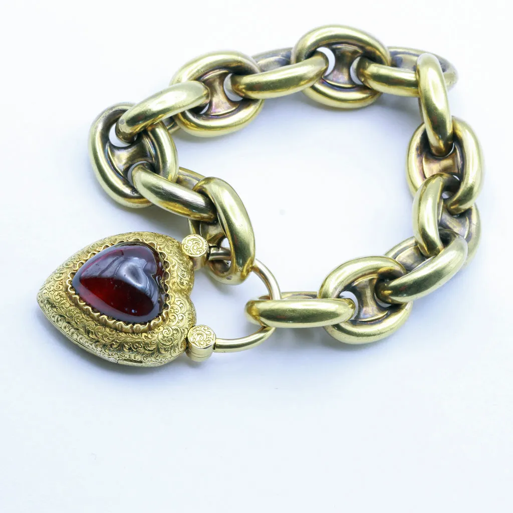 Antique Georgian gold chain bracelet w heart padlock locket huge garnet (7396)