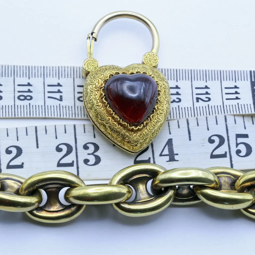 Antique Georgian gold chain bracelet w heart padlock locket huge garnet (7396)