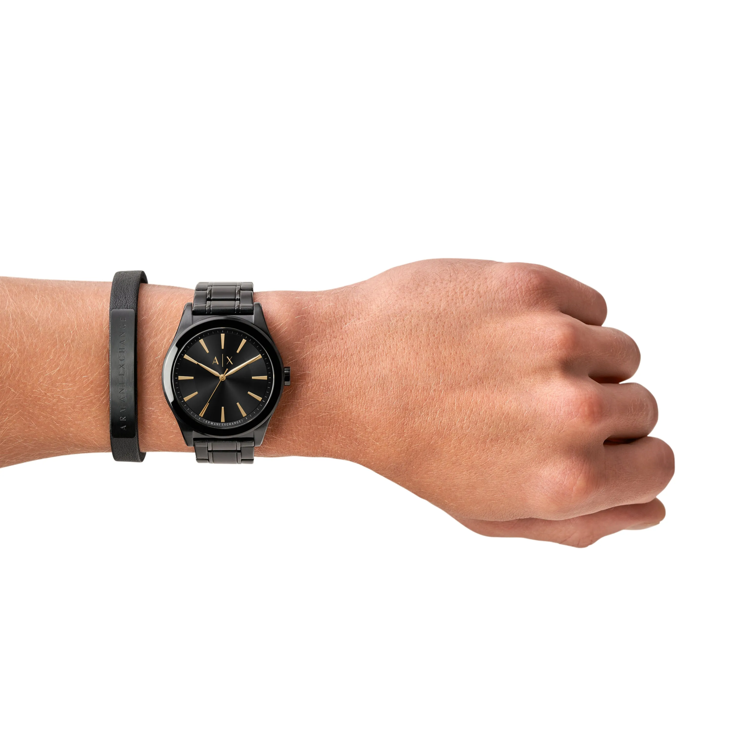 Armani Exchange Three-Hand Black Stainless Steel Watch and Bracelet Gift Set AX7102