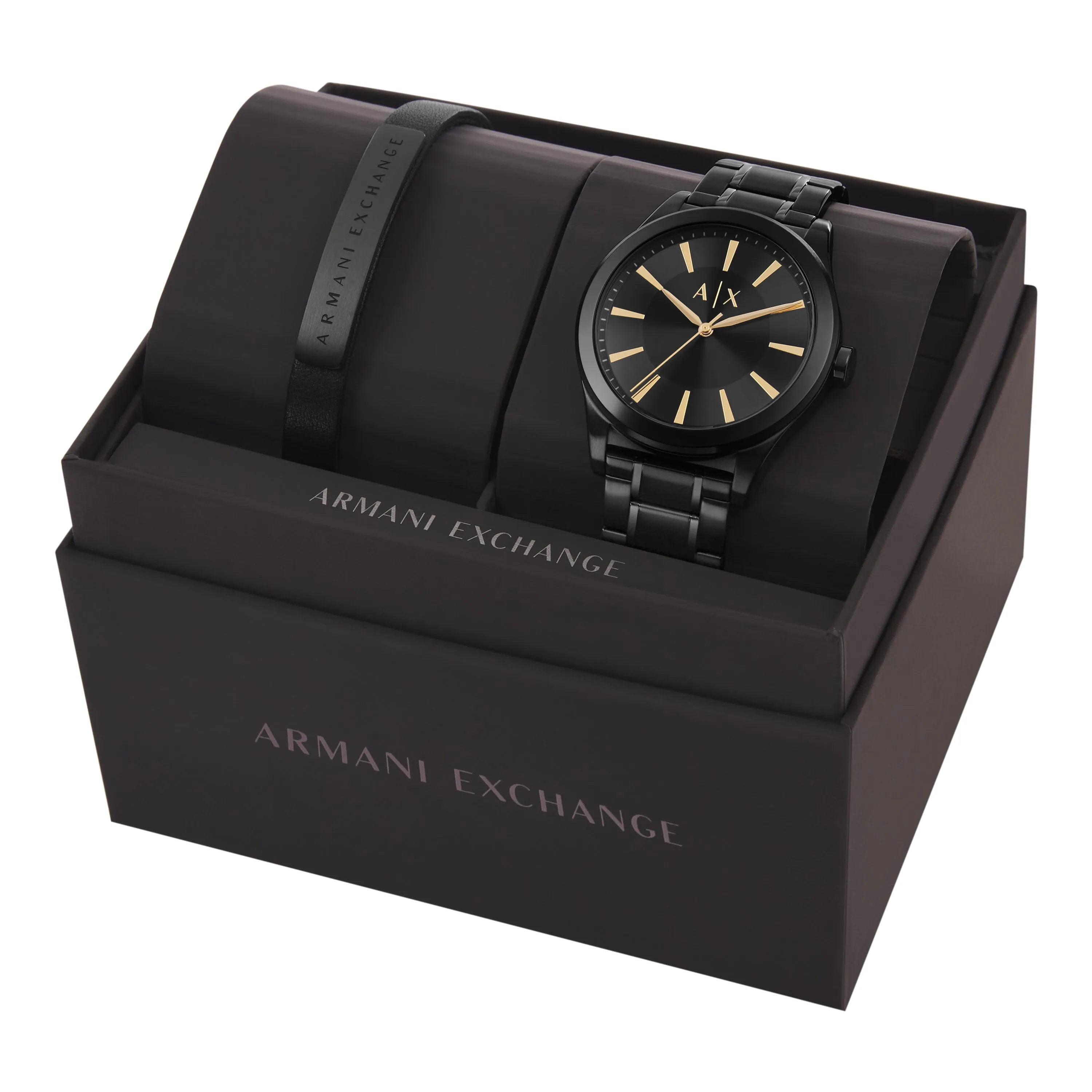 Armani Exchange Three-Hand Black Stainless Steel Watch and Bracelet Gift Set AX7102