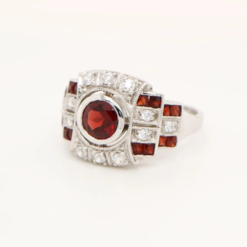 Art Deco Cocktail Ring with Garnet and CZ in Sterling Silver