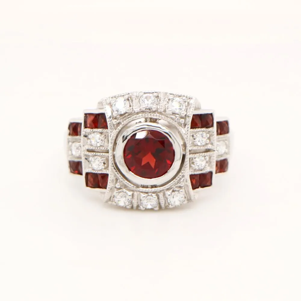 Art Deco Cocktail Ring with Garnet and CZ in Sterling Silver