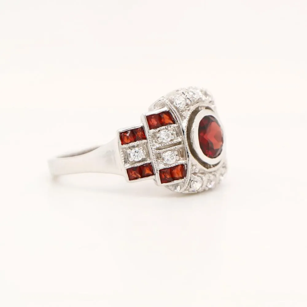 Art Deco Cocktail Ring with Garnet and CZ in Sterling Silver