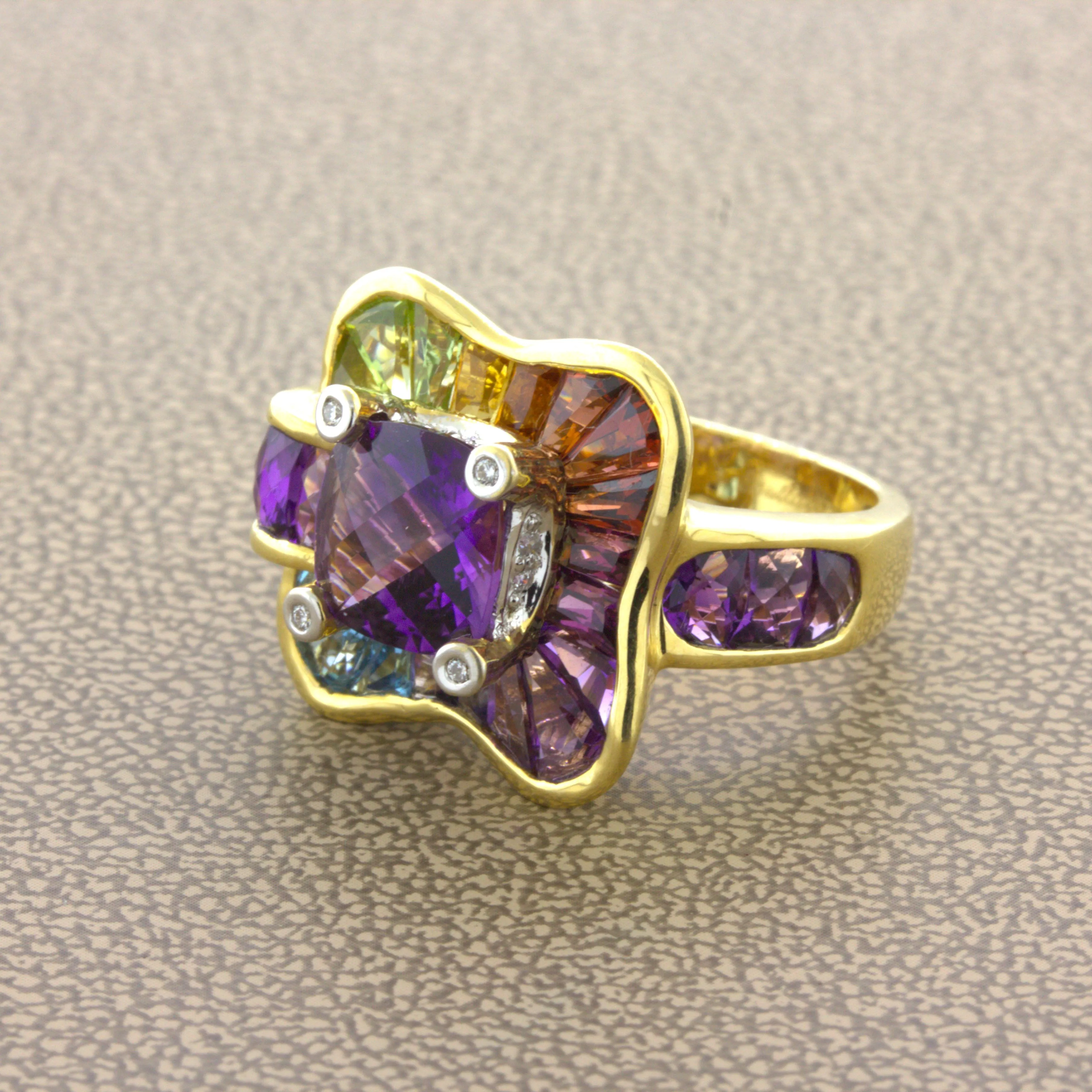 Bellarri Amethyst Diamond Multi-Color Gemstone 18K Yellow Gold Ring