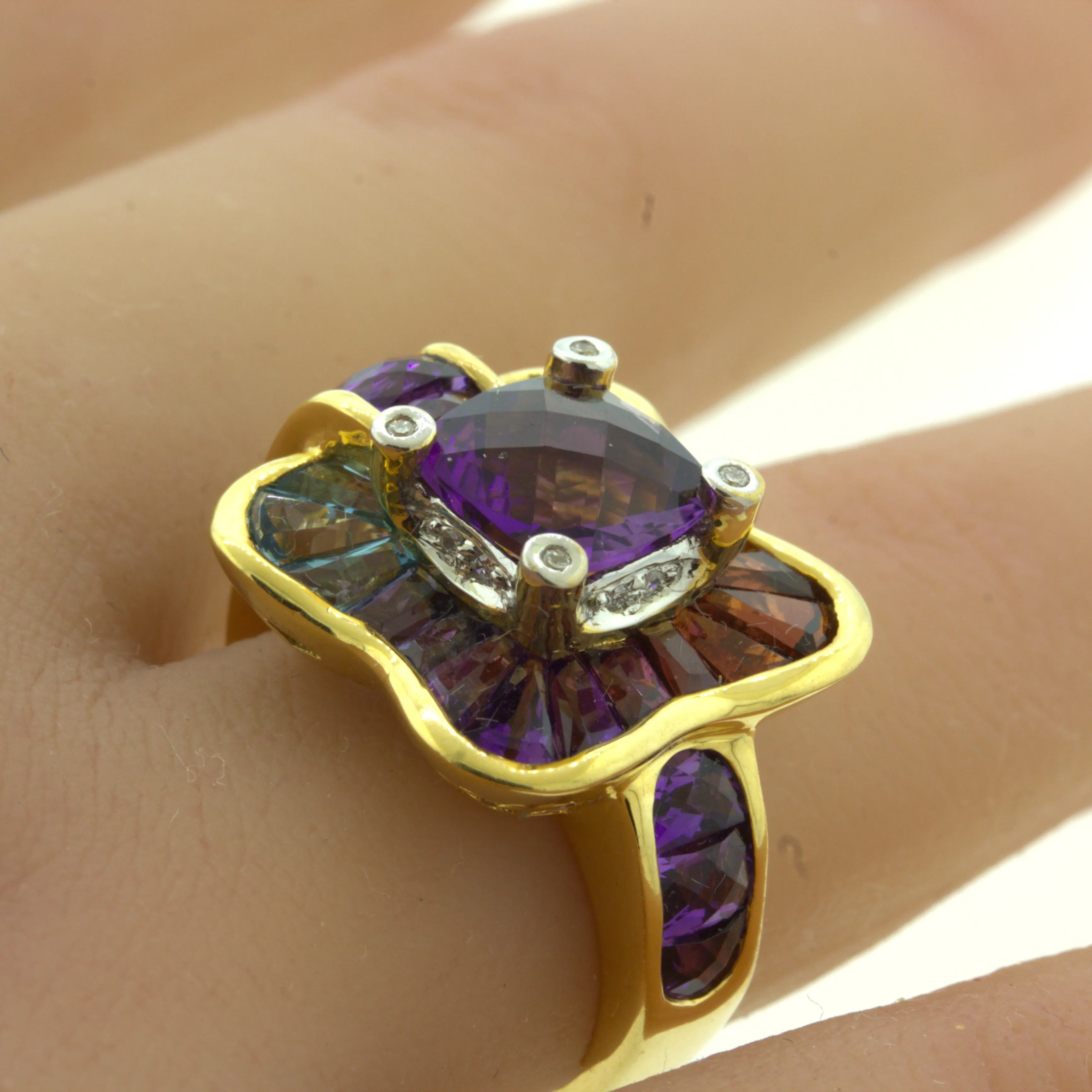 Bellarri Amethyst Diamond Multi-Color Gemstone 18K Yellow Gold Ring
