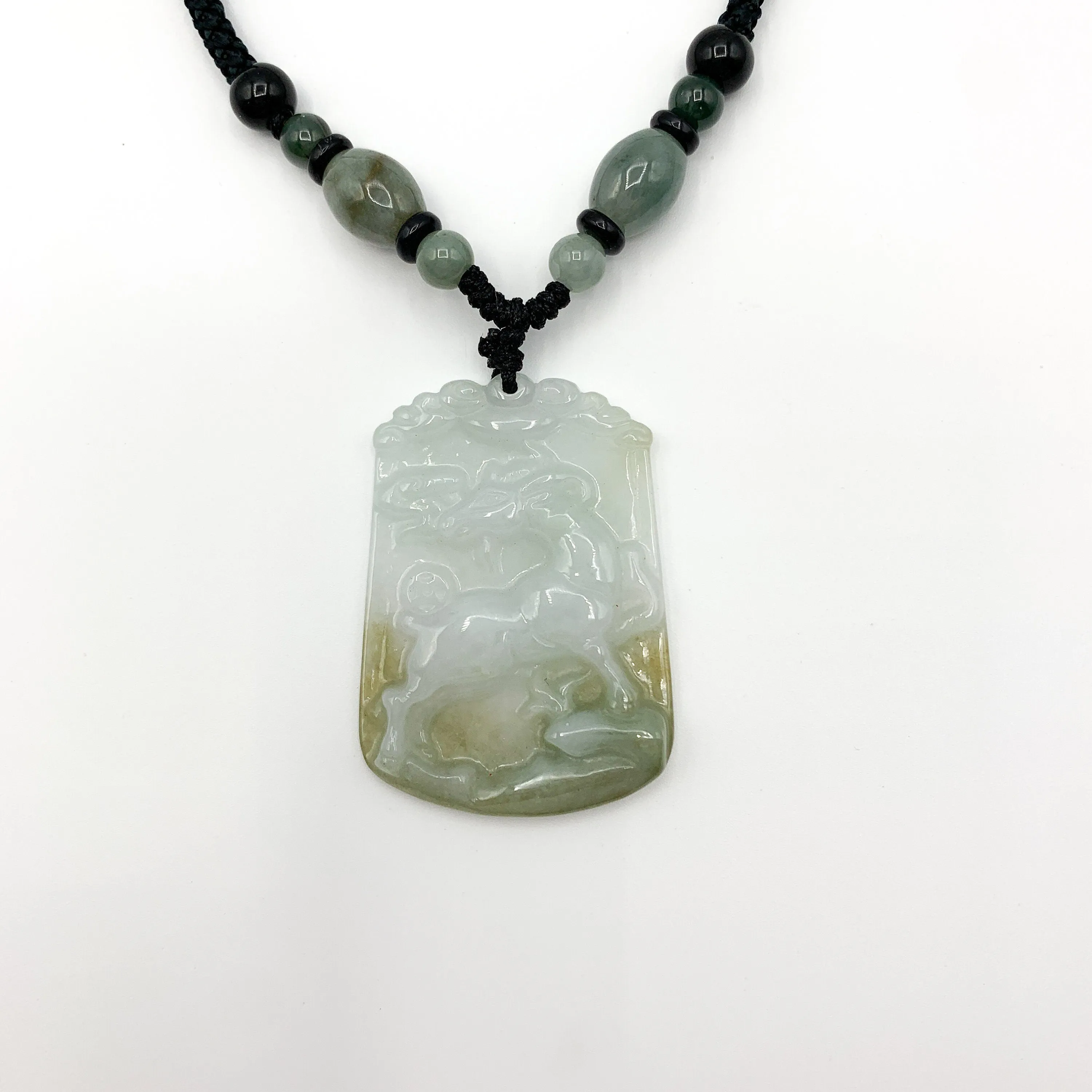 Jadeite Jade Sheep Goat Ram Chinese Zodiac Carved Pendant Necklace, YW-0321-1646061640
