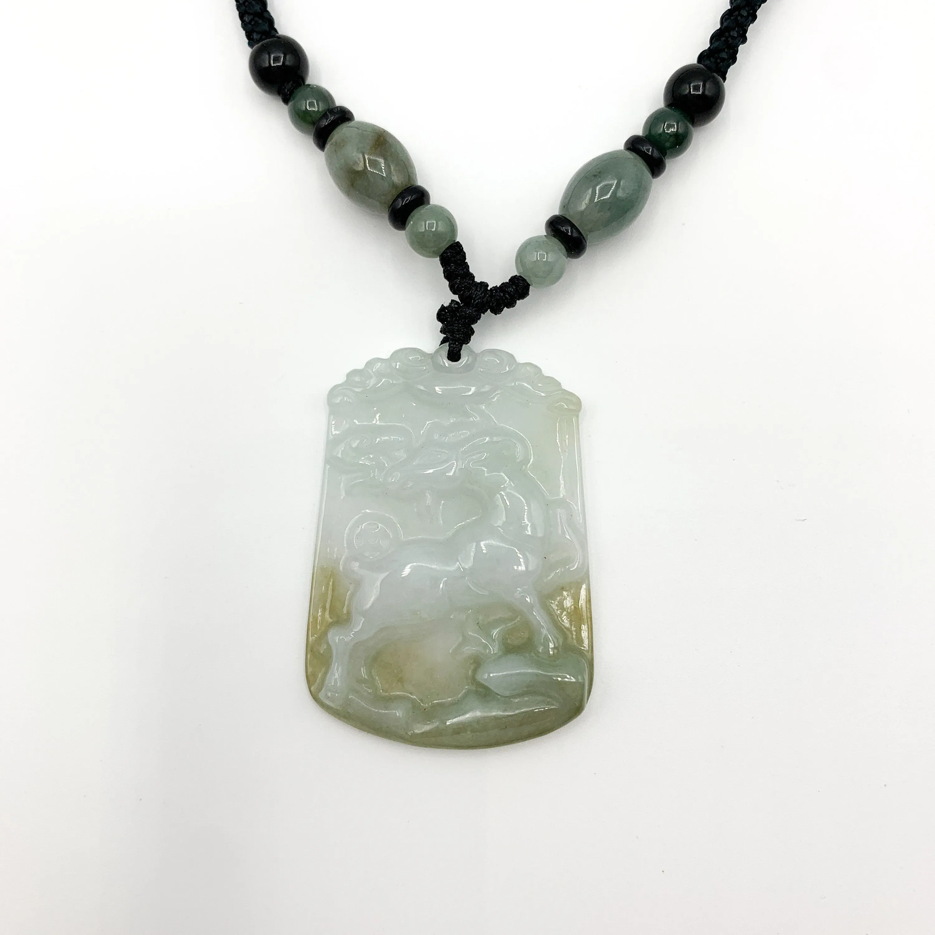 Jadeite Jade Sheep Goat Ram Chinese Zodiac Carved Pendant Necklace, YW-0321-1646061640