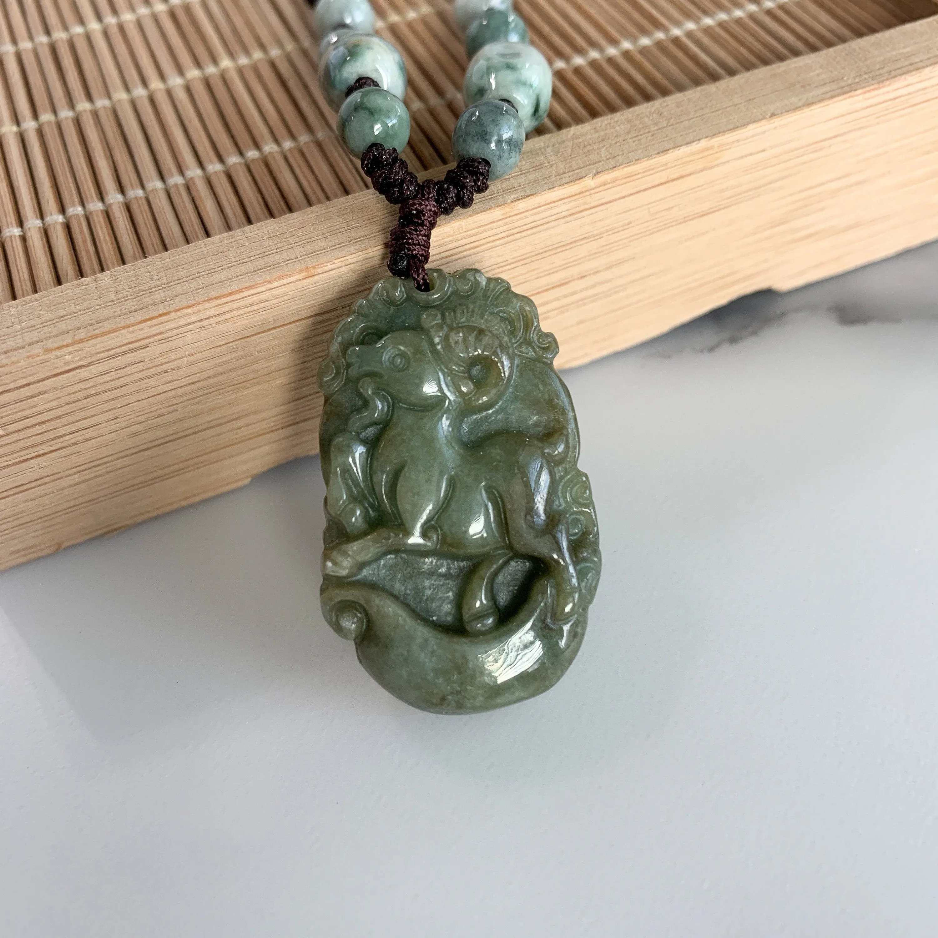 Jadeite Jade Sheep Goat Ram Chinese Zodiac Carved Pendant Necklace, YW-0321-1646062518