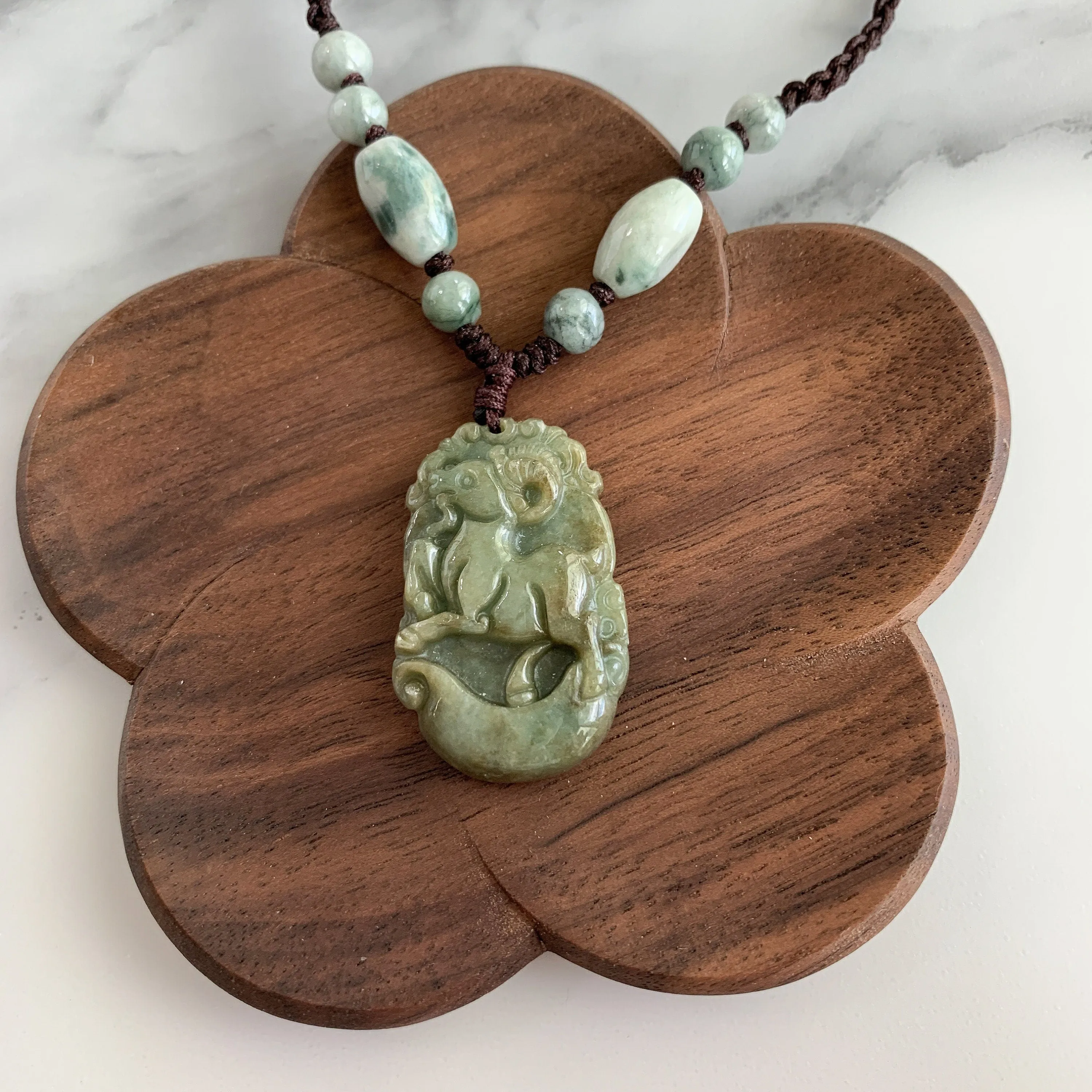 Jadeite Jade Sheep Goat Ram Chinese Zodiac Carved Pendant Necklace, YW-0321-1646062518