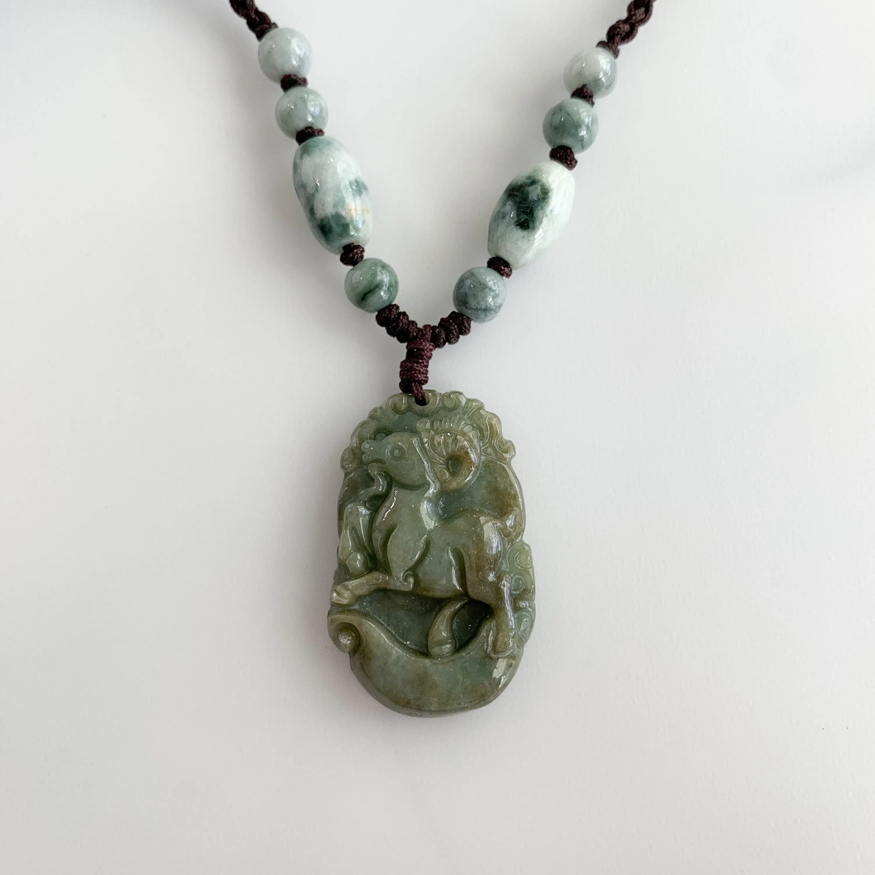 Jadeite Jade Sheep Goat Ram Chinese Zodiac Carved Pendant Necklace, YW-0321-1646062518