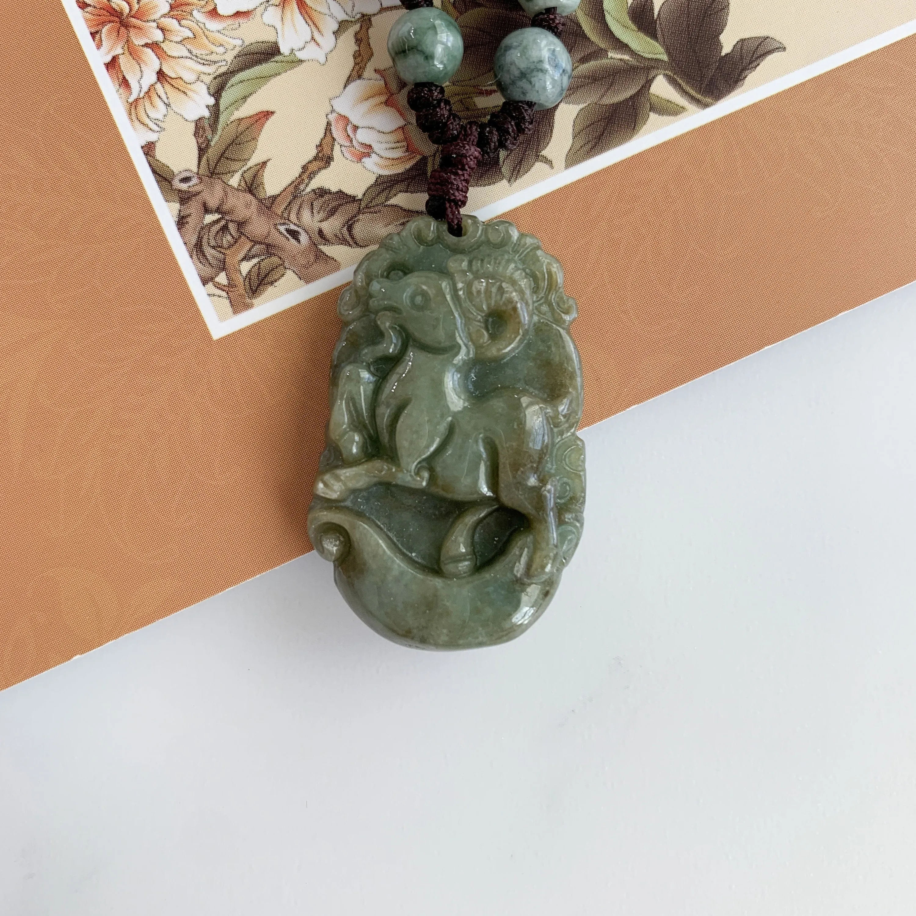 Jadeite Jade Sheep Goat Ram Chinese Zodiac Carved Pendant Necklace, YW-0321-1646062518