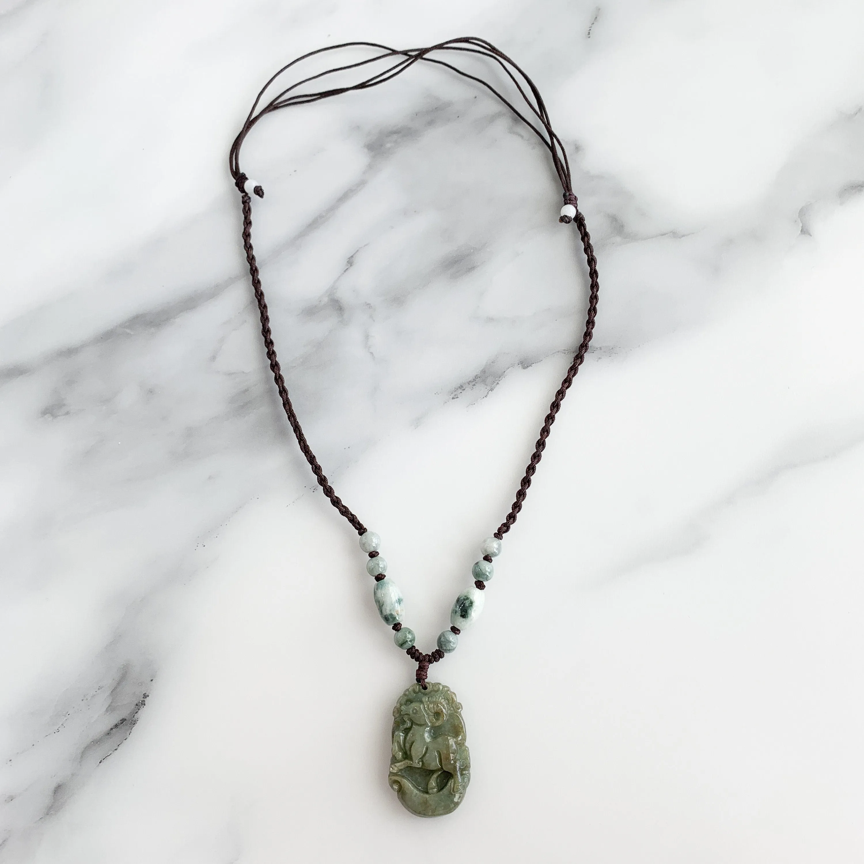 Jadeite Jade Sheep Goat Ram Chinese Zodiac Carved Pendant Necklace, YW-0321-1646062518