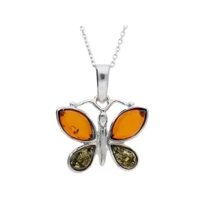 MILENA Pendant Necklace Silver and Multicolour Baltic Amber Butterfly