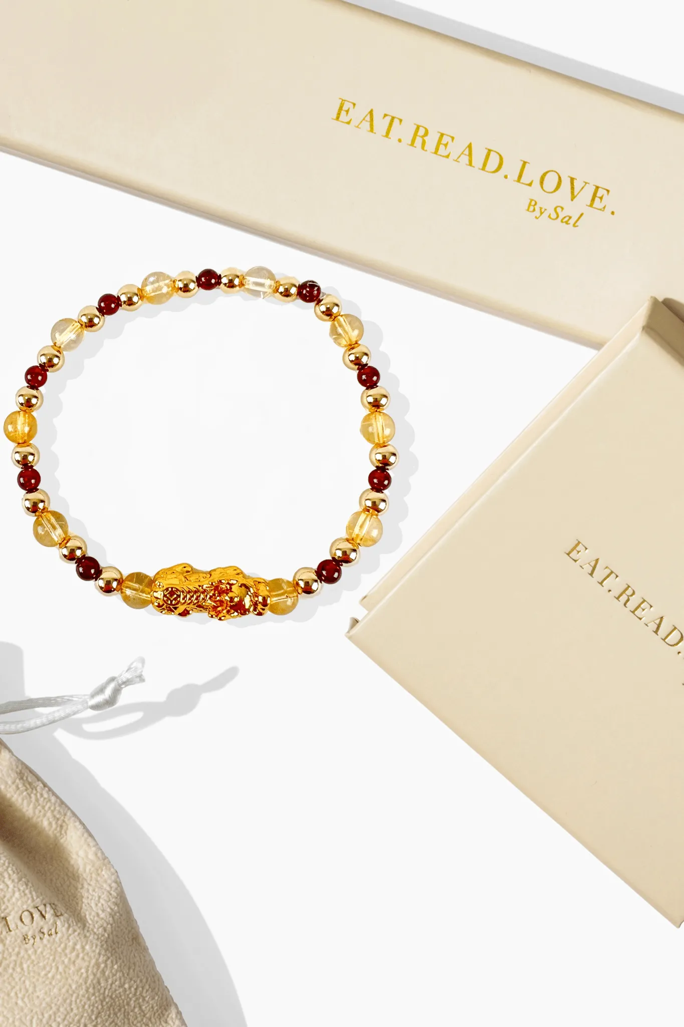 Natural Citrine & Garnet  Pixiu Feng Shui Bracelet w/ Gold Vermeil Beads