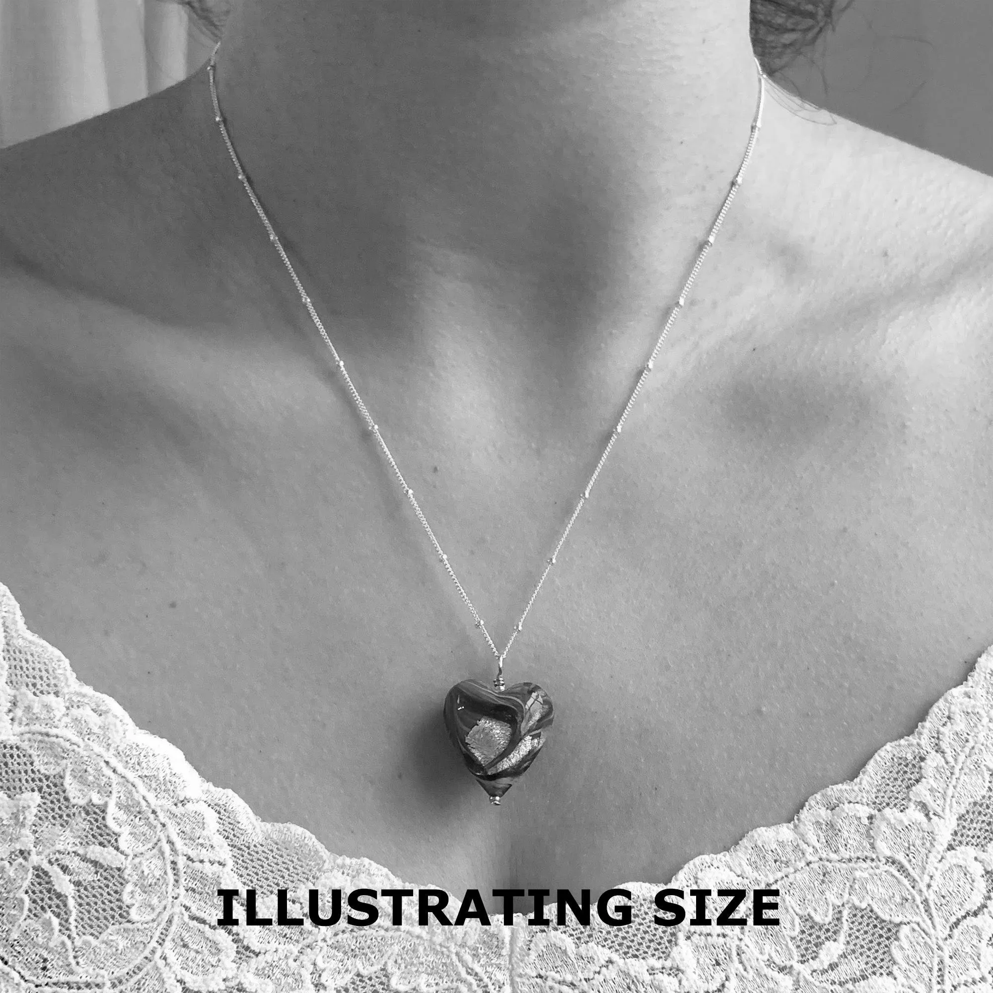 Necklace with turquoise (blue) and teal swirl Murano glass medium heart pendant on silver chain