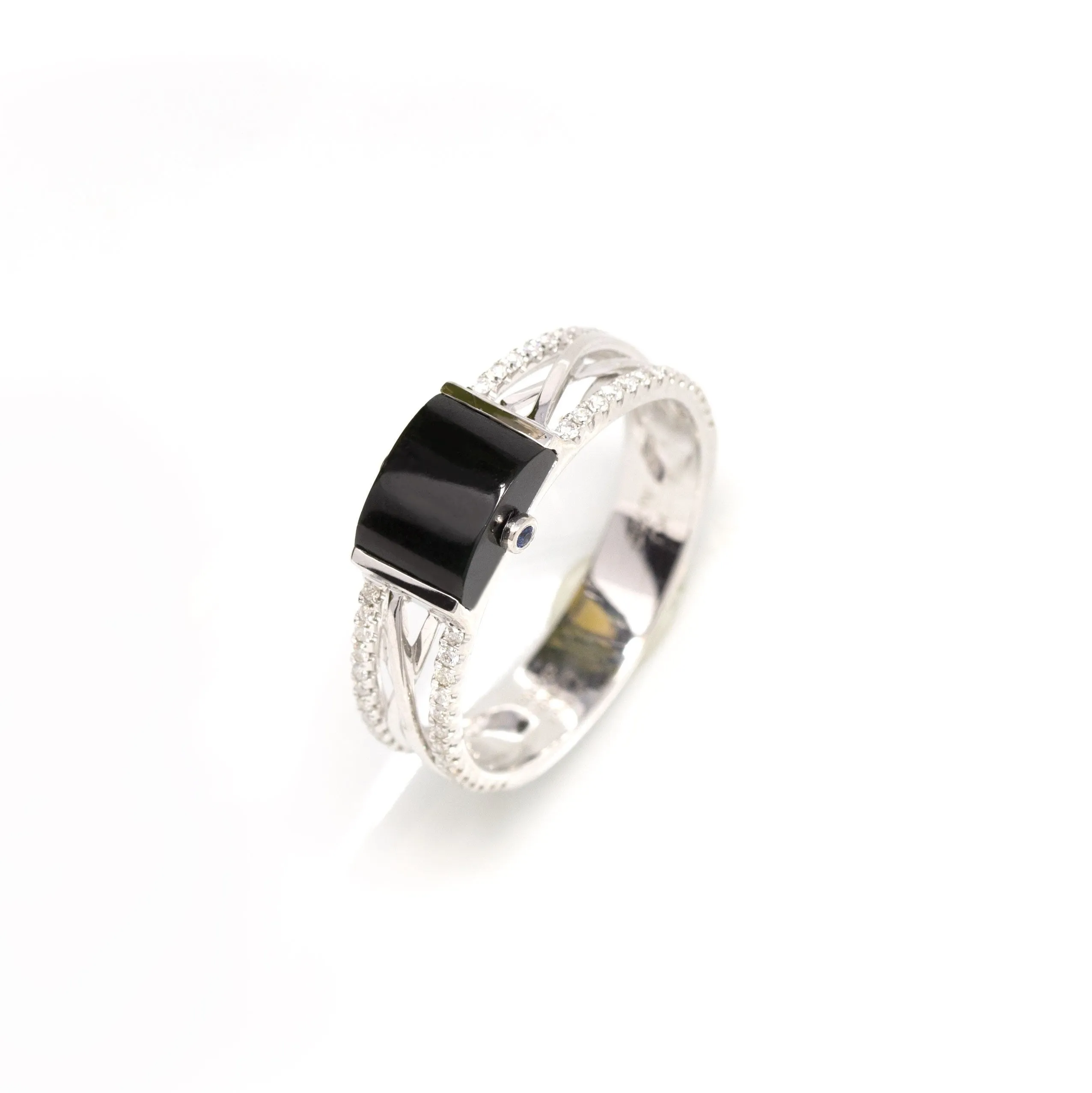 RealJade® "Interlaced Design w/ Diamonds" Genuine Burmese Square Cut Black Jadeite Jade Ring